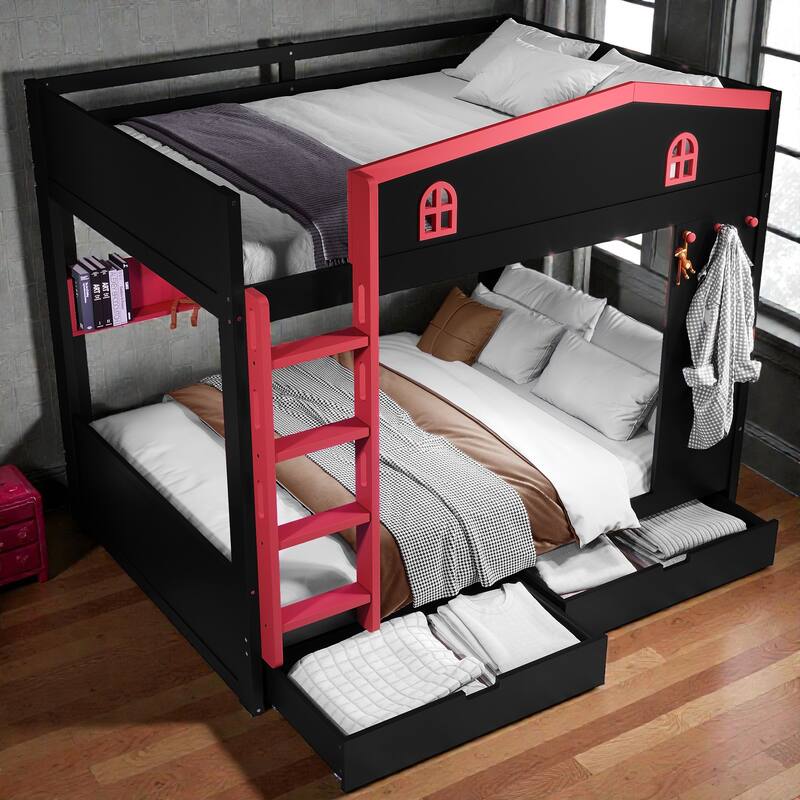 Queen Over Queen Solid Wood Bunk Bed with Storage Drawers and Shelves, Built In Hooks, No Box Spring