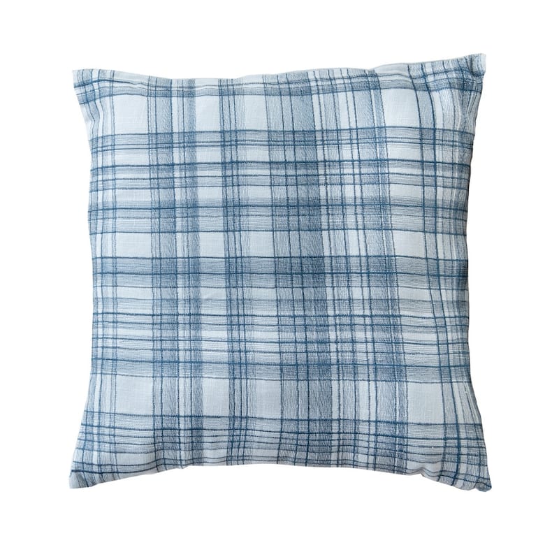HomeRoots 24" Blue Check Cotton Blend Throw Pillow With Embroidery