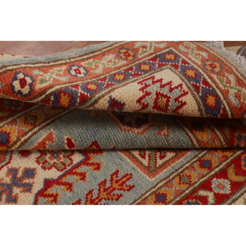 Geometric Kazak Accent Rug Handmade Blue Wool Carpet - 3'5" x 4'10"