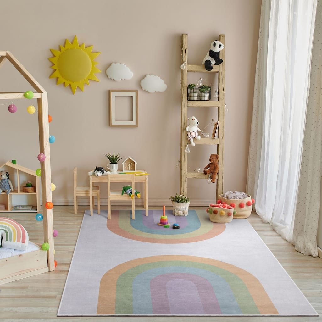 Well Woven Kids Rugs Rainbow Watercolor Modern Machine Washable Area Rug