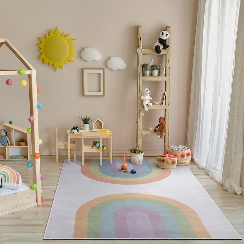 Well Woven Kids Rugs Rainbow Watercolor Modern Machine Washable Area Rug