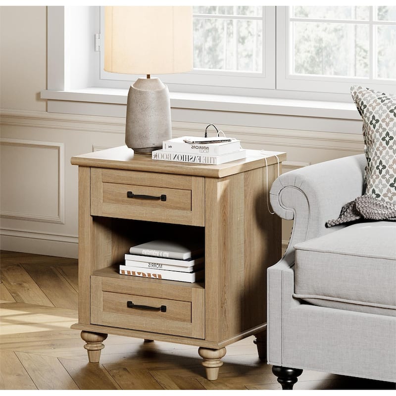 Mid Century End Table Nightstands with Charging Station & Drawer