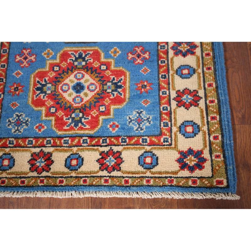 Blue Geometric Kazak Foyer Rug Hand-Knotted Wool Carpet - 2'0" x 2'11"