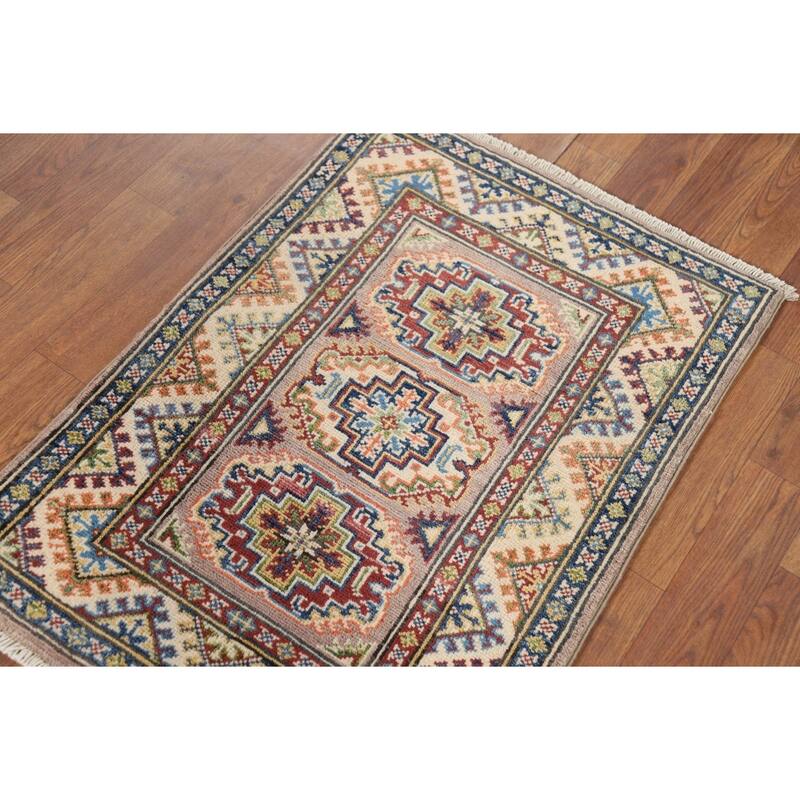 Geometric Kazak Oriental Accent Rug Hand-Knotted Brown Wool Carpet - 2'1" x 2'10"