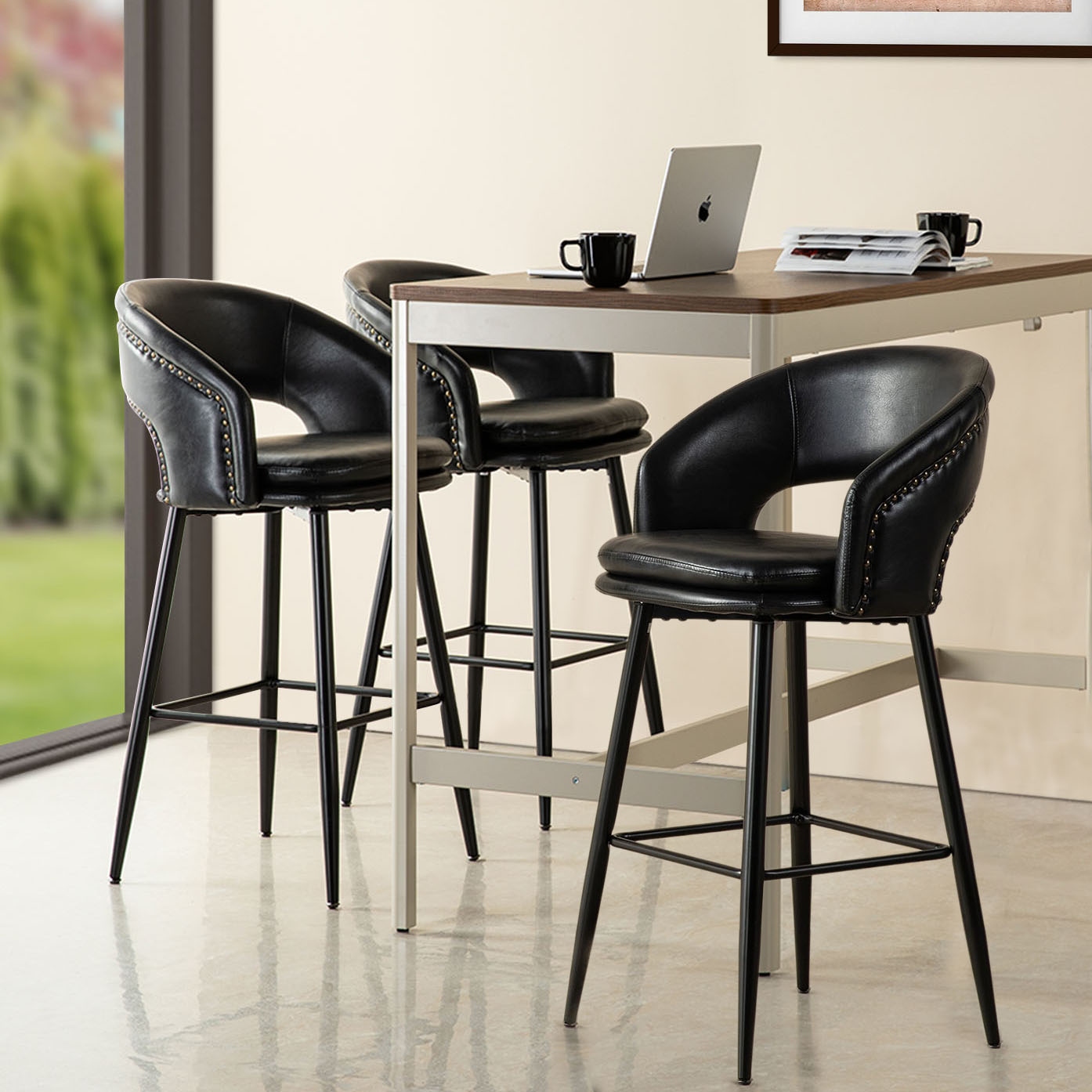 Glitzhome Set of 2 Mid Century Modern 40.5 H Faux Leather Bar Stools with Nailhead Trim Bed Bath Beyond 40783760
