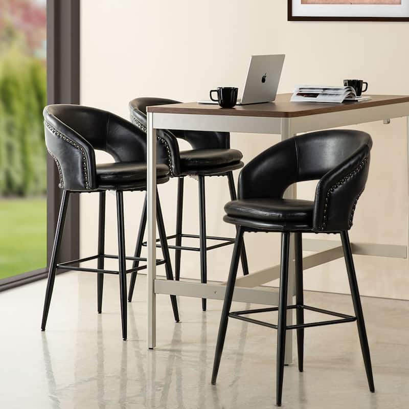 Glitzhome Set of 2 Mid-Century Modern 40.5"H Faux Leather Bar Stools with Nailhead Trim