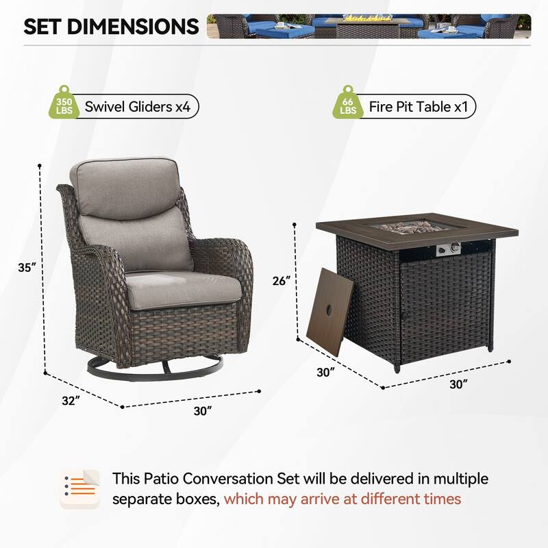 5 Pieces Outdoor Gliders Chairs Fire Pit Table with 5-Inch Thick Cushions