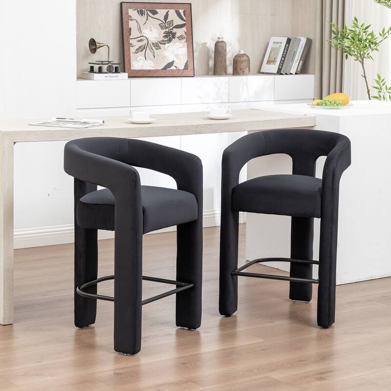 SEYNAR Modern Velvet 34.6''H Fixed Height Open-Back Bar Stool with Metal Footrest Set of 2