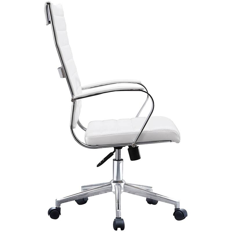 Set of Two (2) Modern White High Back Office Chair Ribbed PU Leather Swivel Tilt Computer Desk Cushion Seat Boss