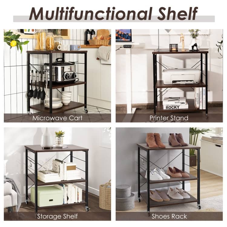 3-Tier Kitchen Baker's Rack Microwave Oven Storage Cart with Hooks - 23.5" x 16" x 29" (L x W x H)