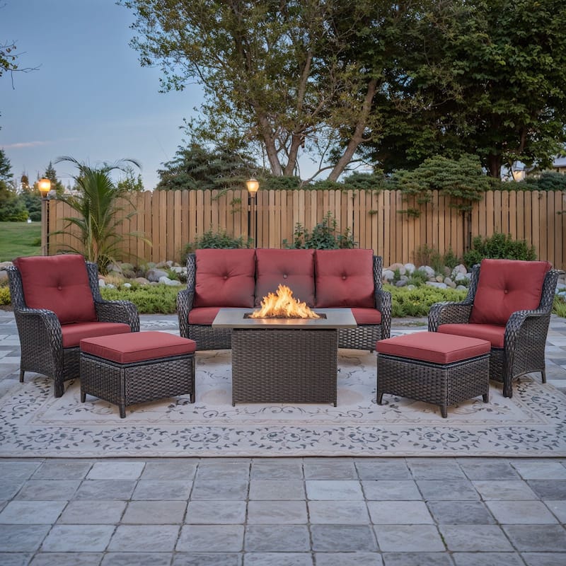 6 Piece Chair Patio Sofa Ottomans with Fire Pit Table - Red - Brown
