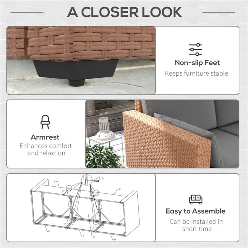 3-Seater Outdoor Rattan Sofa PE Wicker Galvanized Steel Frame Patio Deck Garden Couch with Cushions and Pillows