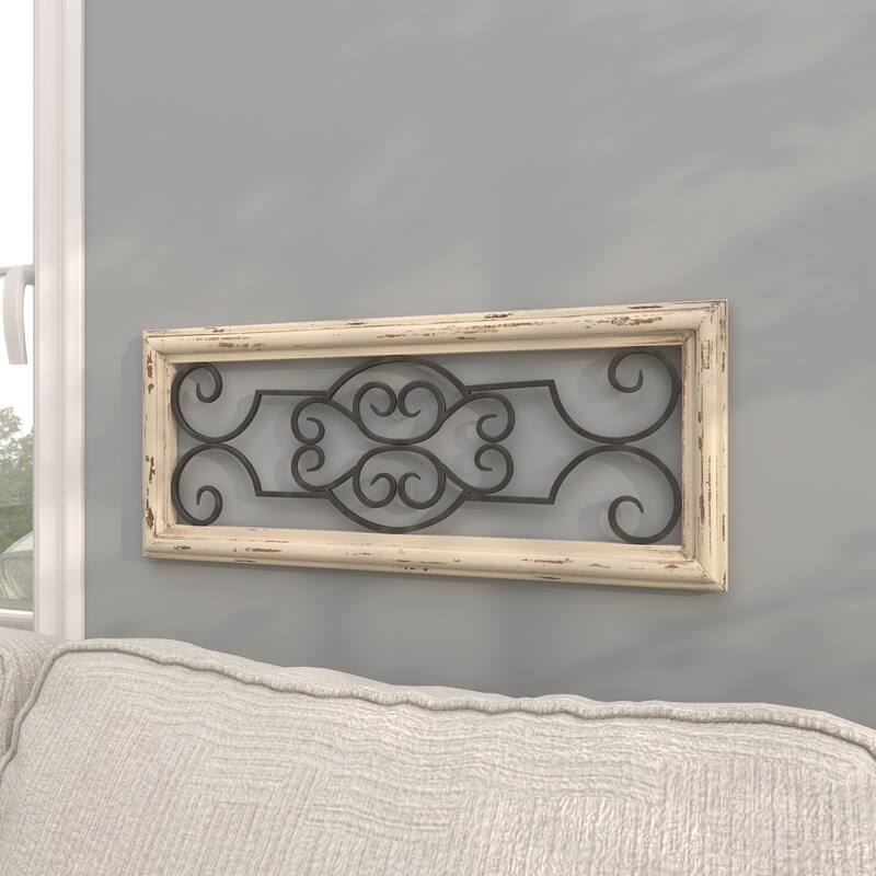 White Wood Small Panel Scroll Home Wall Decor with Black Metal Scrollwork