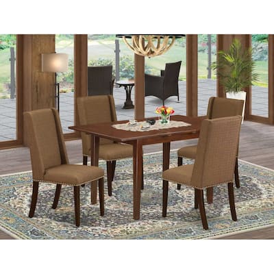 HomeStock 5-Piece Mahogany Finish Solid Wood Top Dining Table with 4 Parson Chair with Butterfly Leaf