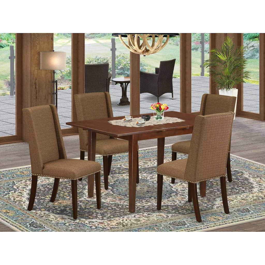 HomeStock 5-Piece Mahogany Finish Solid Wood Top Dining Table with 4 Parson Chair with Butterfly Leaf