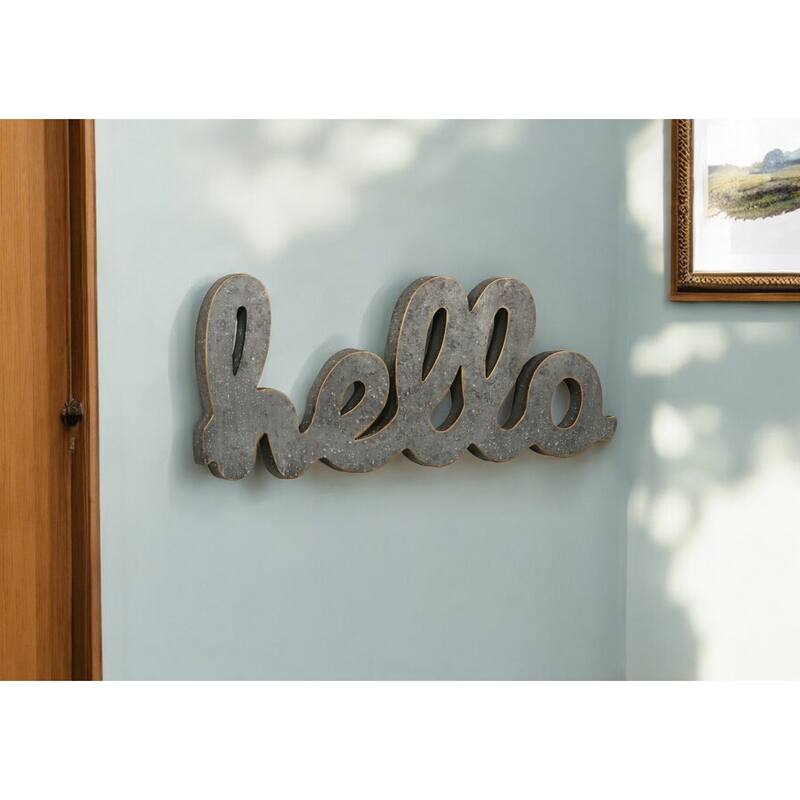 HomeRoots 12" X 28" Gray Handcrafted Abstract hello Metal Wall Decor - Gray - 28 in. x 11.75 in.  x 1.75 in.
