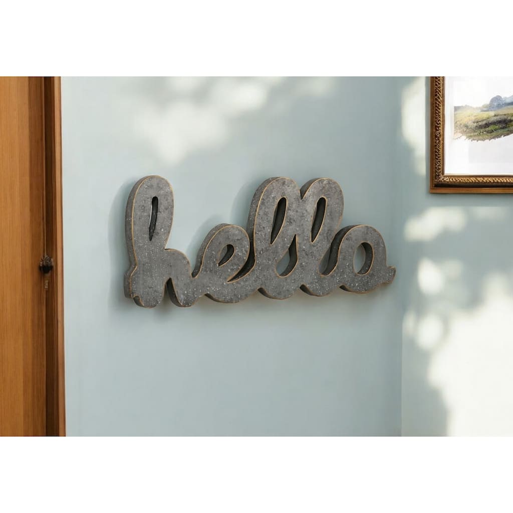HomeRoots 12" X 28" Gray Handcrafted Abstract hello Metal Wall Decor