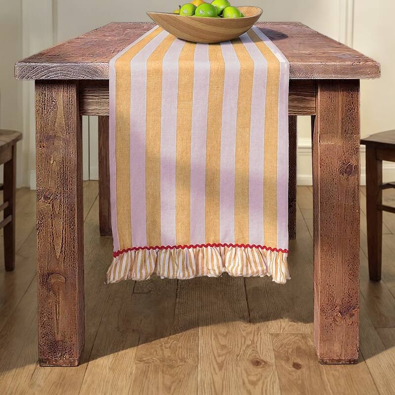 Woven Cotton Striped Table Runner with Ruffle & Ric Rac Trim - 72.0"L x 14.0"W x 0.25"H - Mustard; Pink