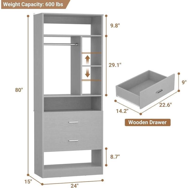 Kyrvo Freestanding 24" Closet System with 2 Wood Drawers,2FT Heavy Duty Walk-in Closet Organizer with 6 Shelves & Hanging Rod