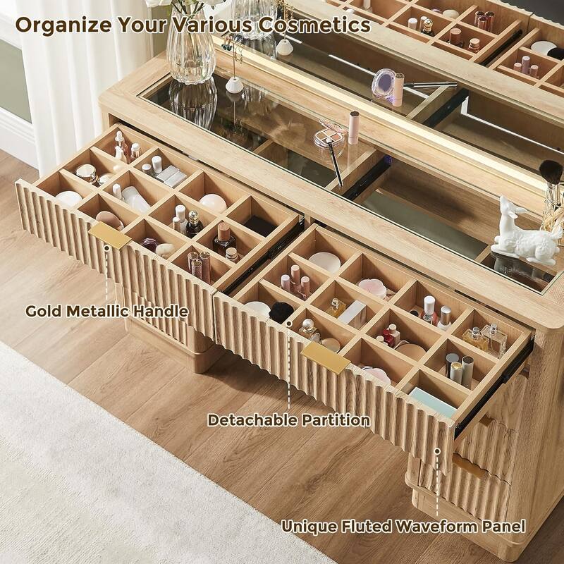 Modern Fluted Makeup Vanity Desk with Mirror, Lights, Charging Station