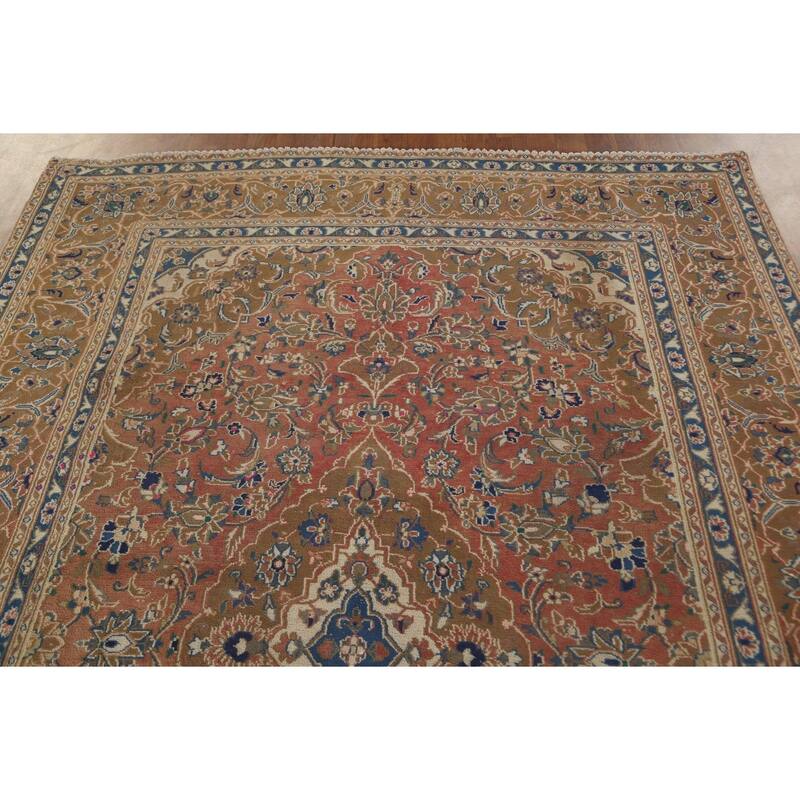 Orange Traditional Mashad Persian Vintage Rug Handmade Wool Carpet - 6'3"x 9'0"