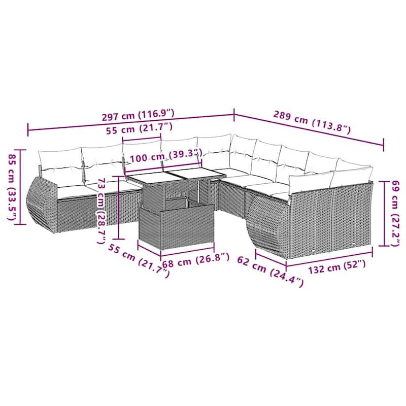 vidaXL 11 Piece Patio Sofa Set with Cushions Black/Brown/Gray Poly Rattan - 24.4 x 24.4 x 27.2