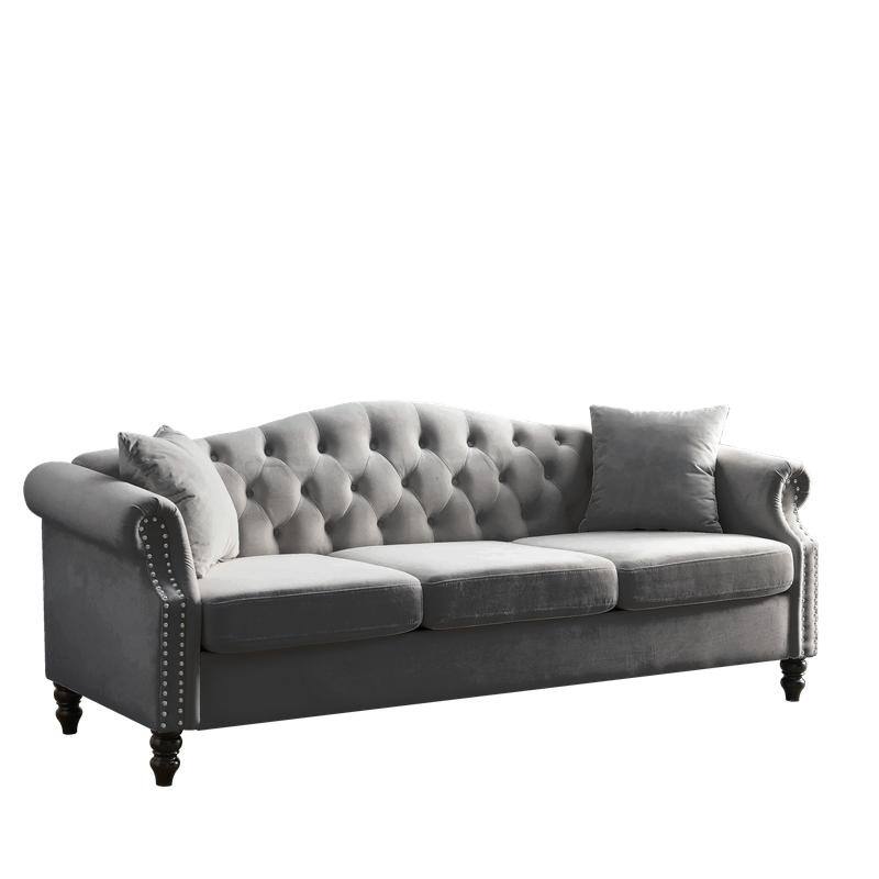 Chesterfield Sofa Velvet for Living Room, 3 Seater Sofa Tufted Couch with Rolled Arms and Nailhead, two pillows 