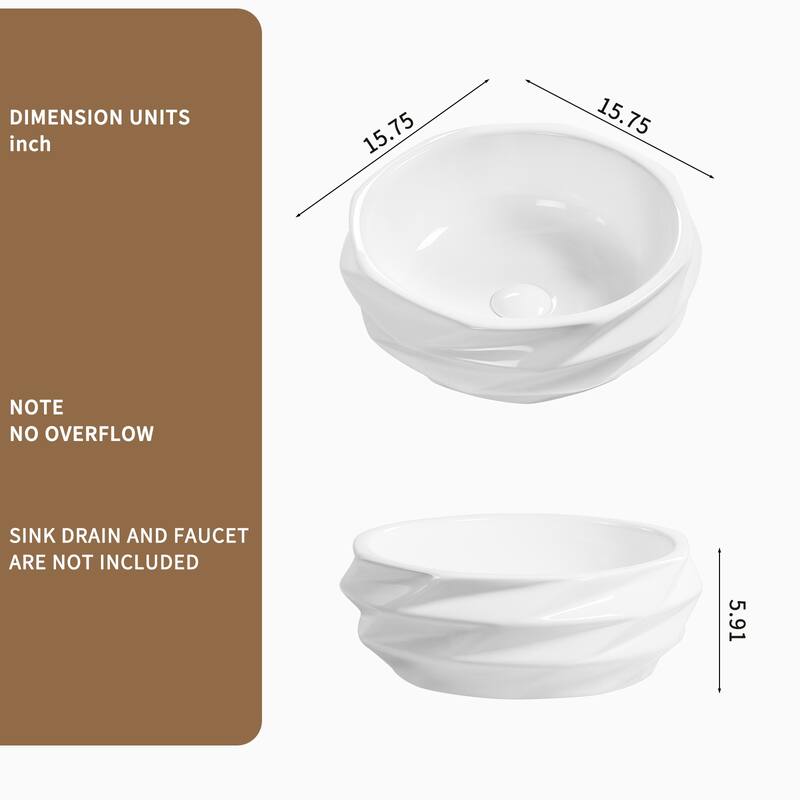 GDFStudio - Arlo Artistry Compact Modern Textured Ceramic Vessel Sink with Bas Relief Surface, No Drain and Faucet Hole