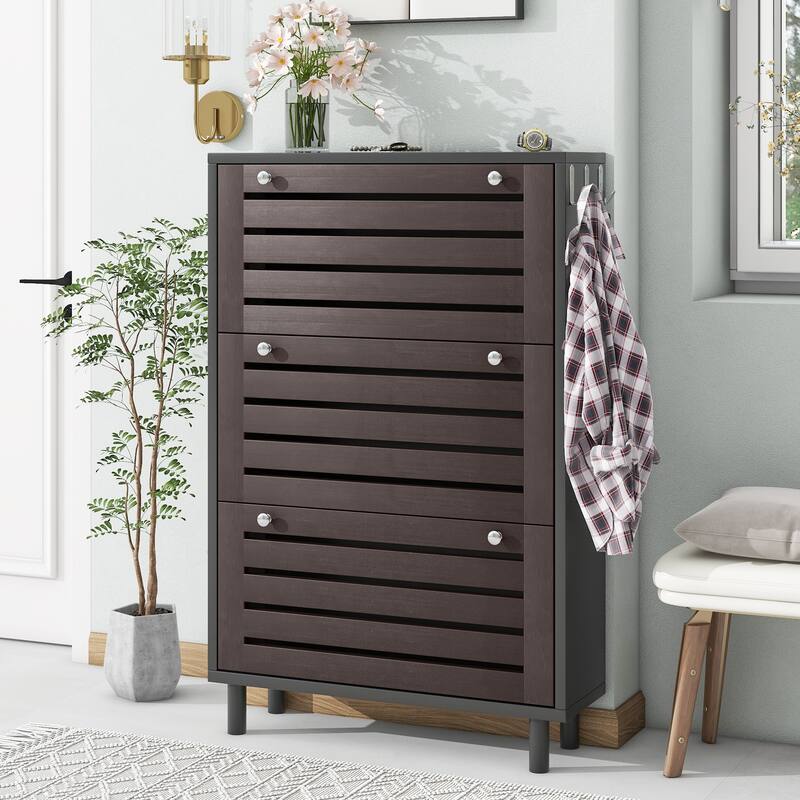 Free Standing Shoe Cabinet with 3 Flip Drawers - Black and Brown