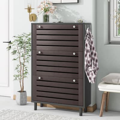 ON-TREND Minimalist Slim Shoe Cabinet with Adjustable Shelves and Hanging Hooks, Particle Board Entryway Organizer