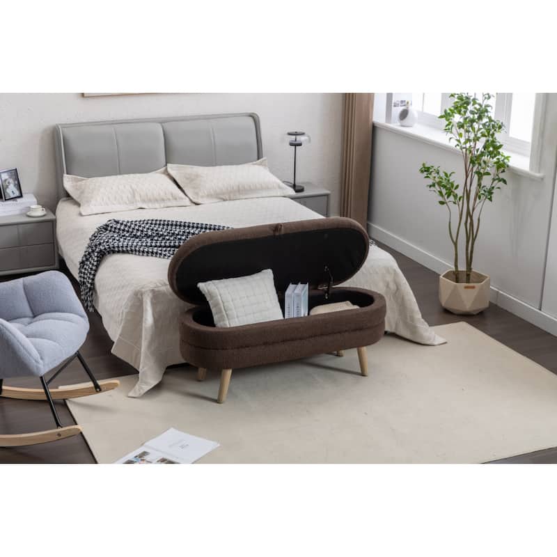 Boucle Fabric Storage Bench Bedroom Bench With Wood Legs For Living Room Bedroom Indoor - Brown