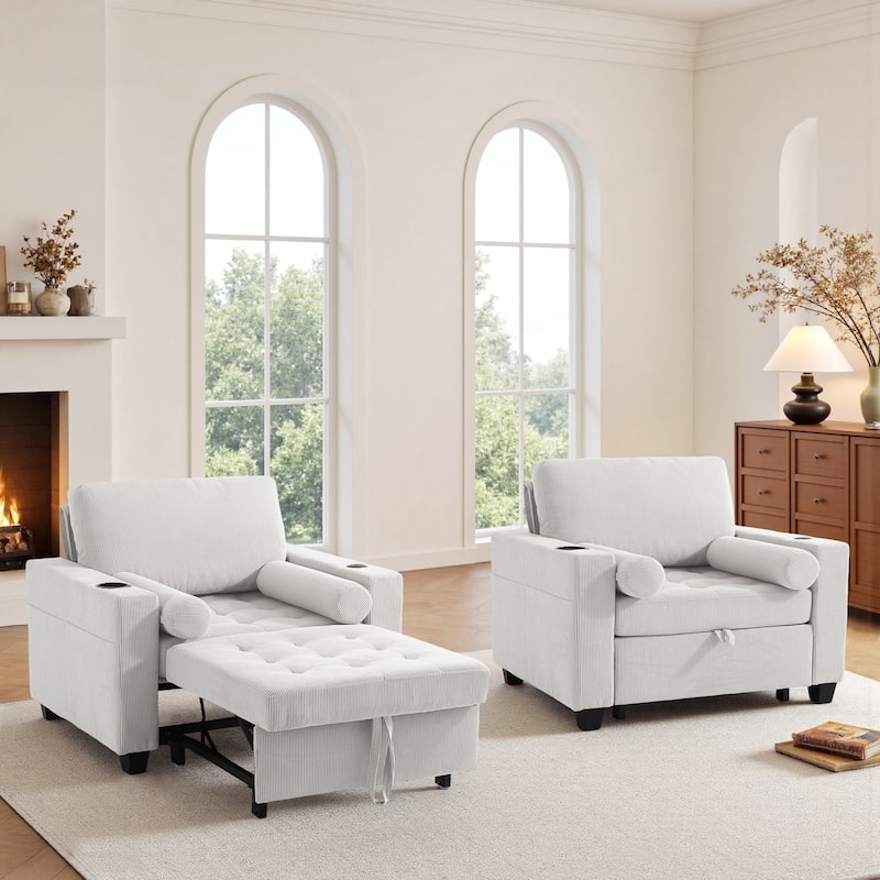 2 Set Convertible Adjustable Lounge 3-in-1 Pull-Out Sleeper Chair Bed - Beige