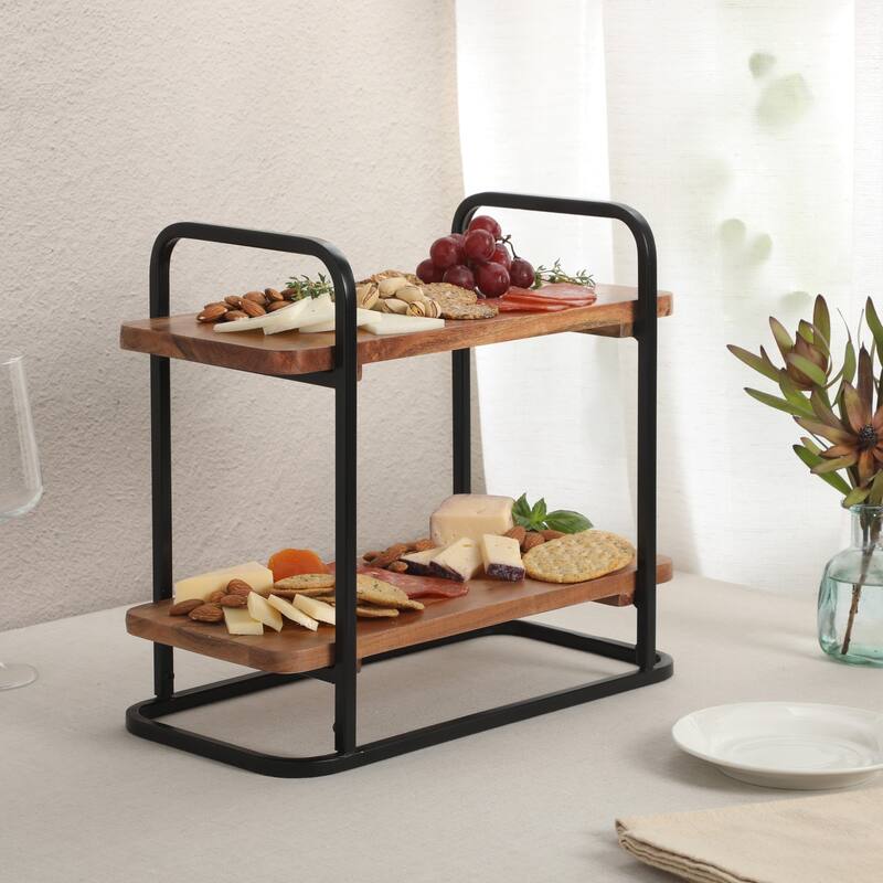 Gibson Home Gracious Dining 2-Tier Wooden Serving Tray with Metal Frame - Acacia Wood - 14.29" x 7.08" x 12.52"