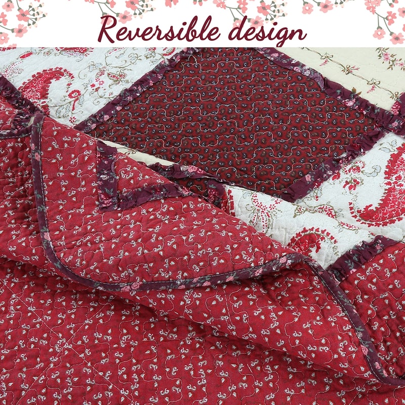 Annabel Heirloom Red Patchwork Floral Paisley 3-Piece Cotton Quilt Bedding Set