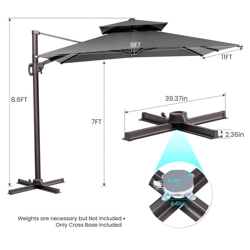 11 x 9 ft Outdoor Rectangular Patio Offset Cantilever Umbrella with 360-degree Rotation and 6 Shade Angles