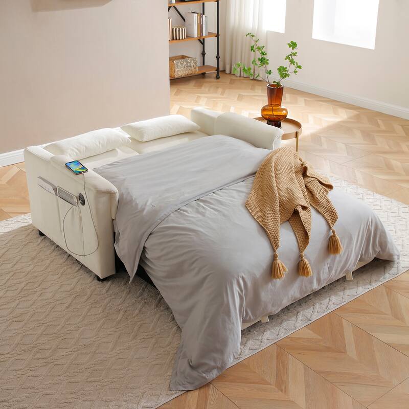 3 in 1 Convertible Sofa Bed with USB Port, Velvet 2 Seater Pull Out Sofa Bed, Loveseat Sofa with Adjustable Back & Side Pockets