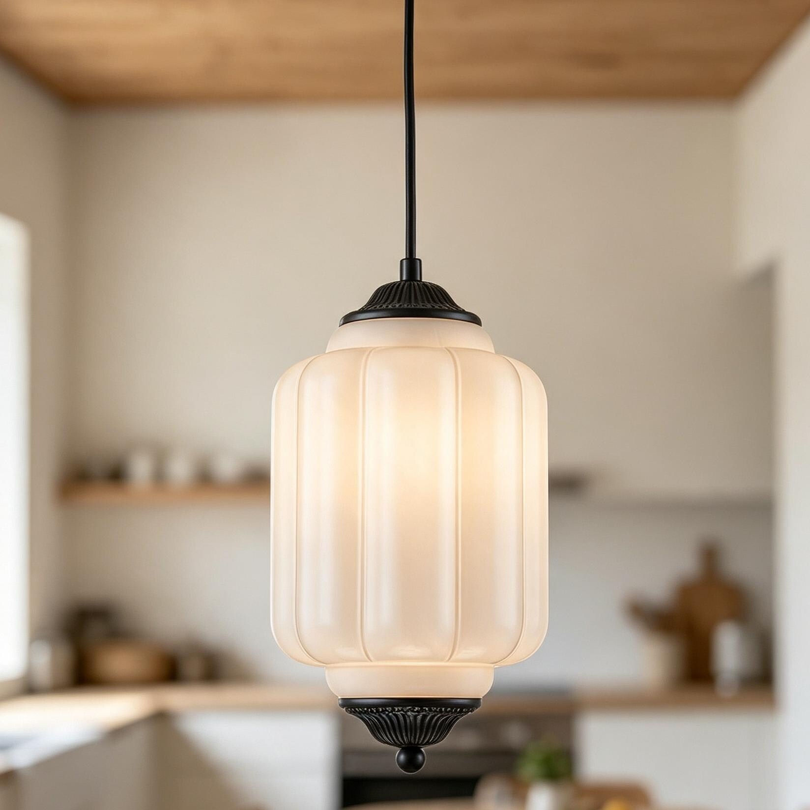 Rennnsan 1-Light Farmhouse Matte Black Adjustable Height Opal Glass Pendant Light for Dining Room - 5.5 in. W x 11 in. H
