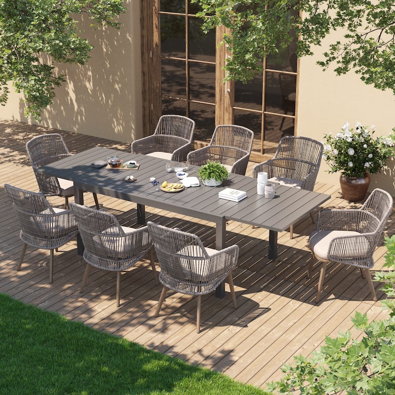 Outdoor Patio Dining Sets with PE Wicker Chairs and Extendable Aluminum Dining Table for 8 Persons