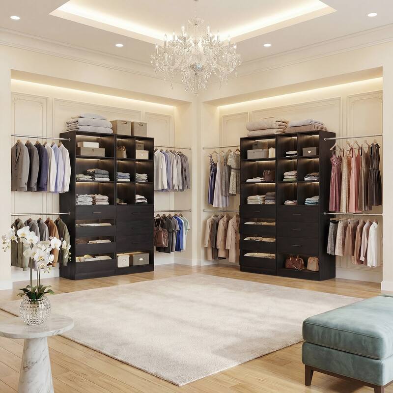 Set of 2 Closet System with 7 Wooden Drawers ＆ 4 Hanging Rods, Heavy Duty Walk-in Closet Organizer System with Shelves