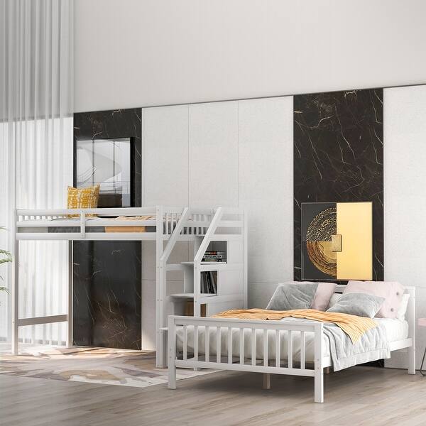slide 2 of 16, Wooden Twin over Full Loft Bed with Storage Staircase,Cottage Style Versatile Bed White
