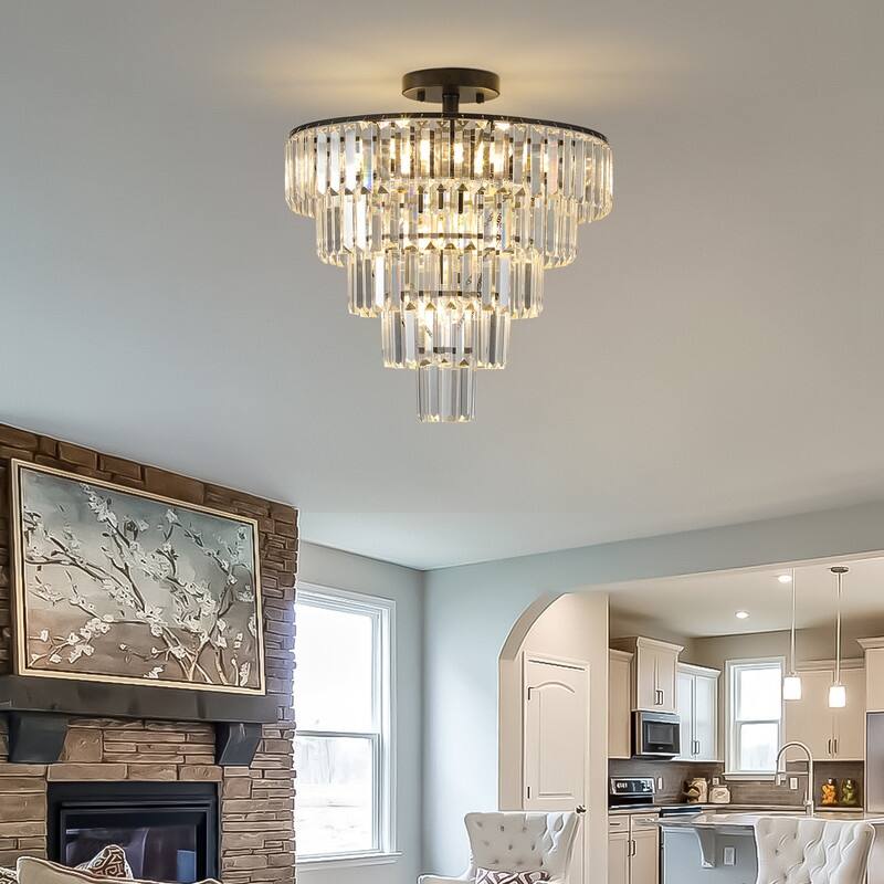 20-Inch Black Crystal Chandelier, Modern 10-Light Flush Mount, Elegant Lighting for Living/Dining/Bedroom (No Bulbs) - 20"