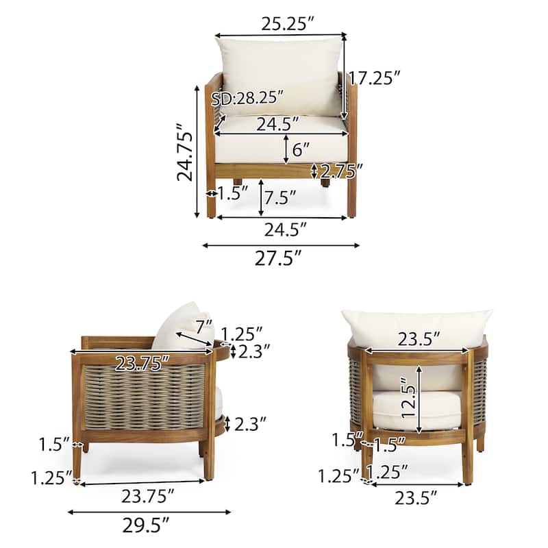 Burchett Outdoor Acacia Wood and Wicker 4 Seater Chat Set with Cushions by Christopher Knight Home