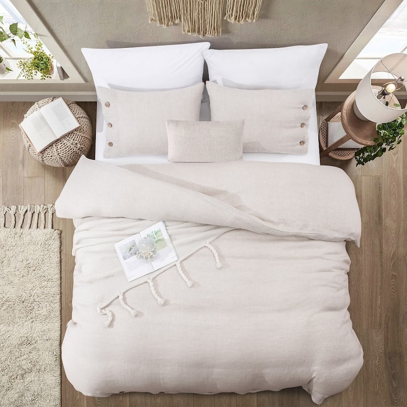 WHOLINENS Stone Washed French Linen Duvet Set 3Pcs Coconut Shell Button Closure - Herringbone Natural - Queen