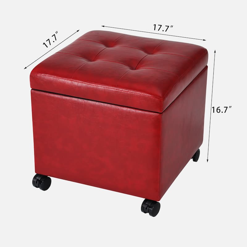 Adeco Bonded Leather Storage Ottoman Square Tufted Cube Footstool