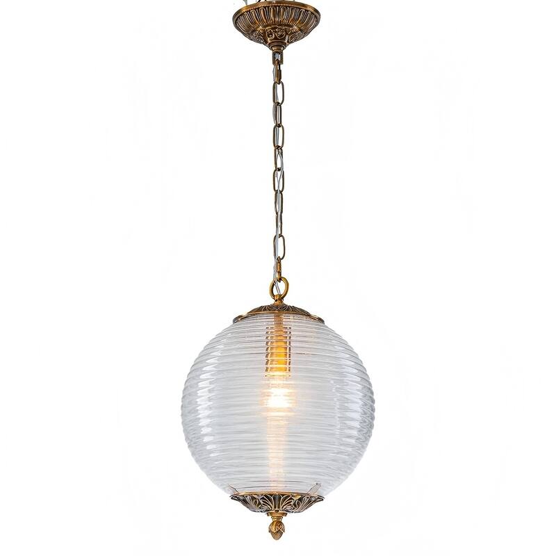 1 - Light 11.8" W Retro French Glass Globe Pendant For Kitchen Island - Antique Brass