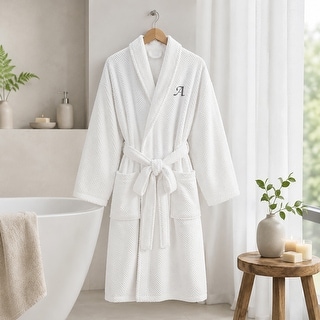 Authentic Hotel and Spa White with Grey Monogrammed Herringbone Weave Turkish Cotton Unisex Bath Robe