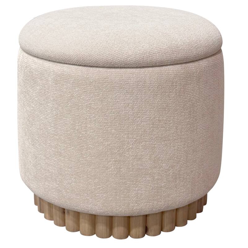 Modern Fabric and Solid Wood Round Storage Ottoman - Oatmeal