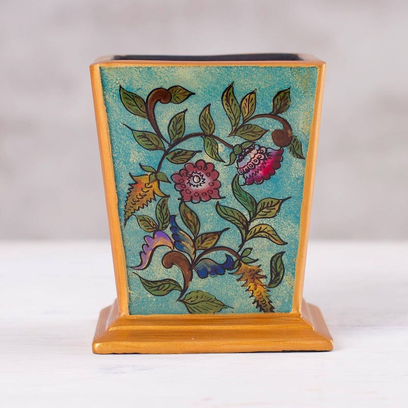 Handmade Flowering Companion Reverse-Painted Glass Pencil Holder (Peru) - 3.9" H x 3.3" W x 3.3" D