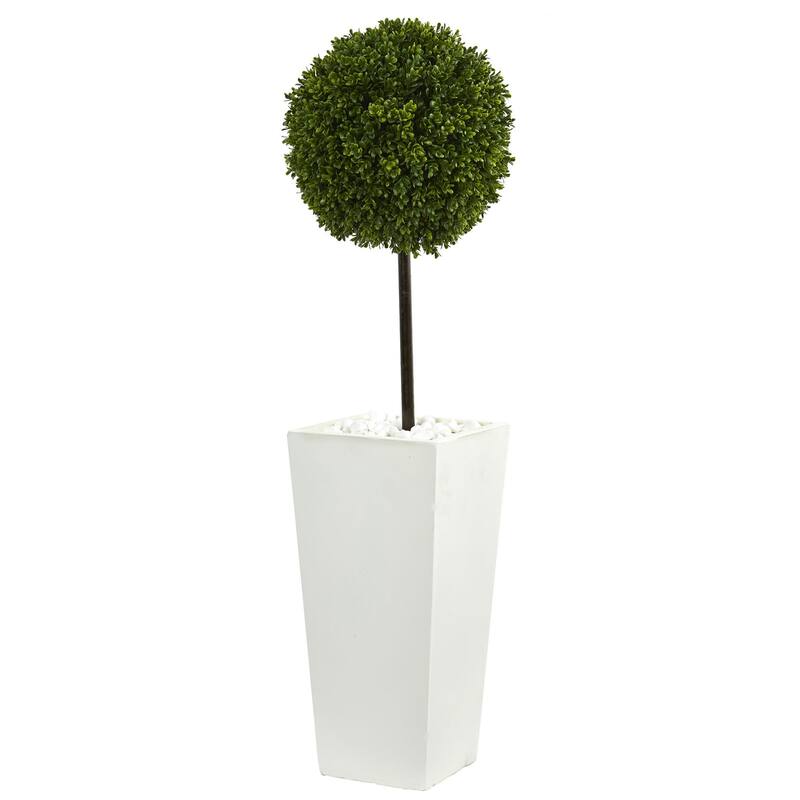 3.5ft Boxwood Ball Topiary Artificial Tree in White Tower Planter with UV Resistant Green Leaves for Bright Interiors