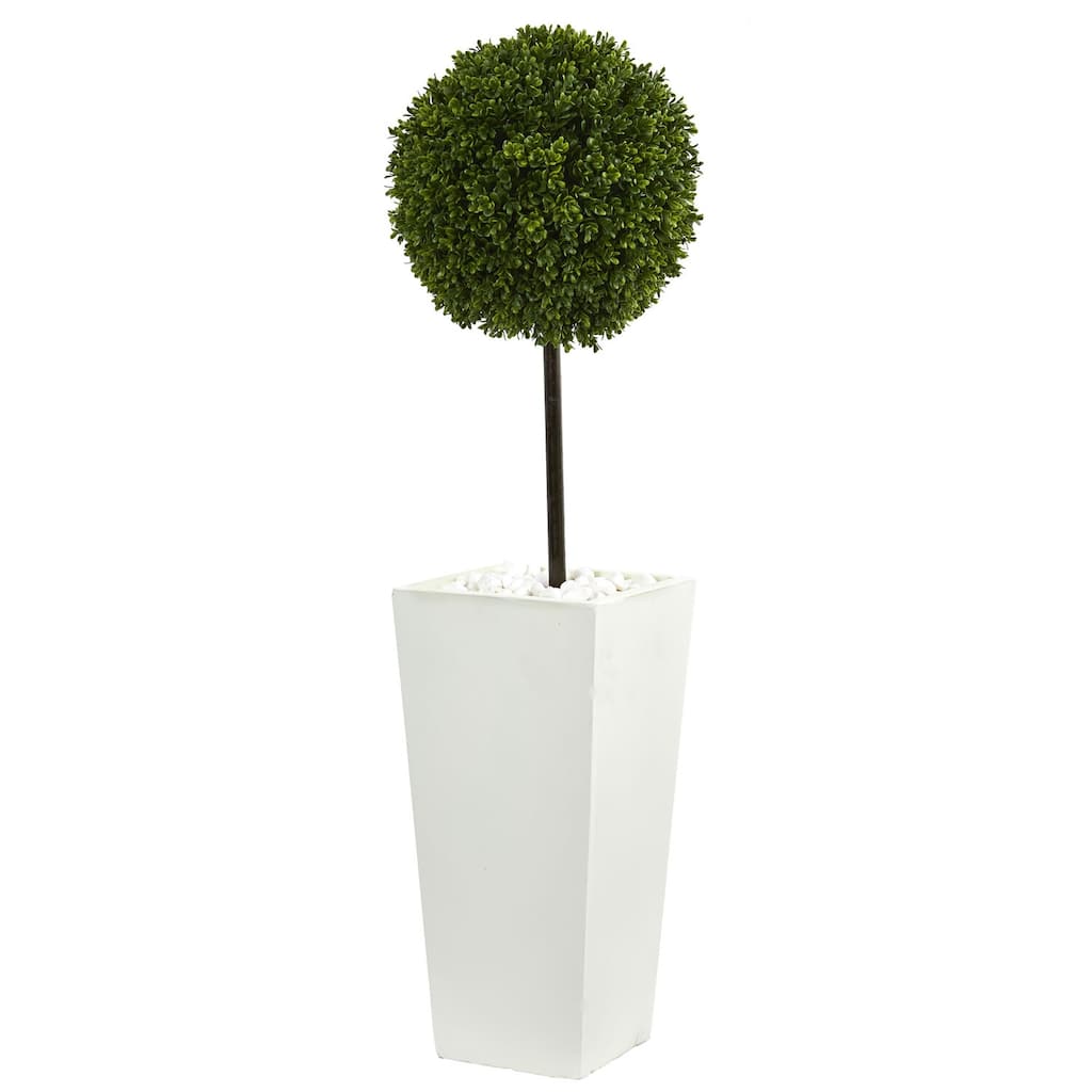 3.5ft Boxwood Ball Topiary Artificial Tree in White Tower Planter with UV Resistant Green Leaves for Bright Interiors